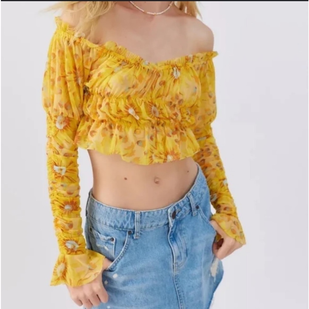 NWT Urban Outfitters Yellow Flower Sheer Ruffled Crop Top Small
